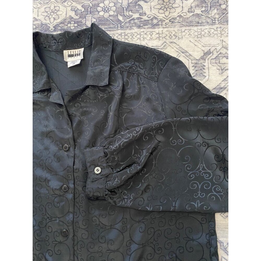 Vintage Leslie Fay Sport Black‎ Jacquard Button-Up Blouse Size 14 Long Sleeve